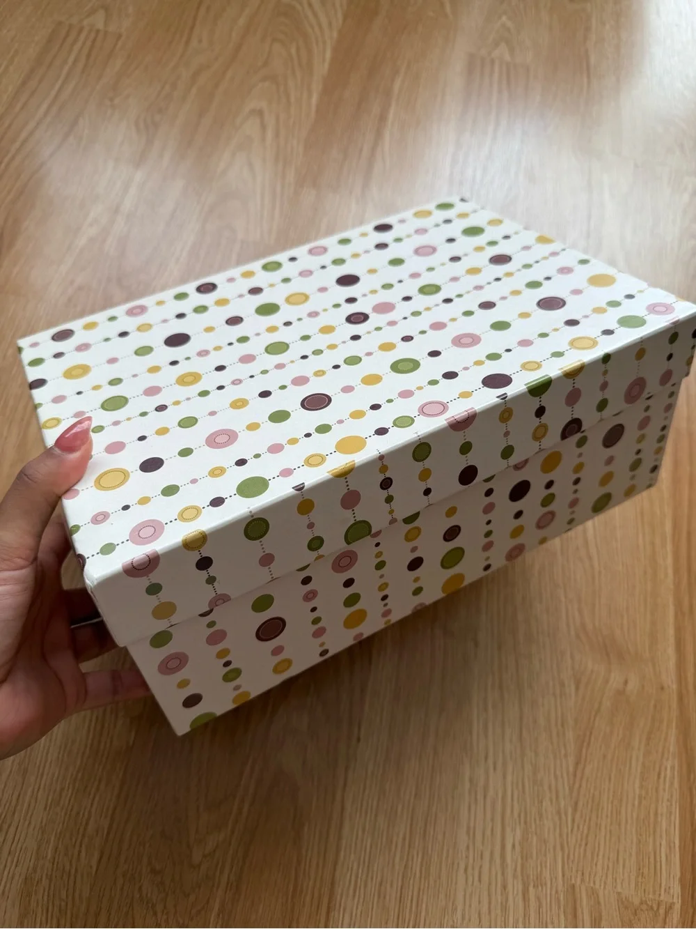 Patterned Storage Box in White with Pink, Green & Brown Dots